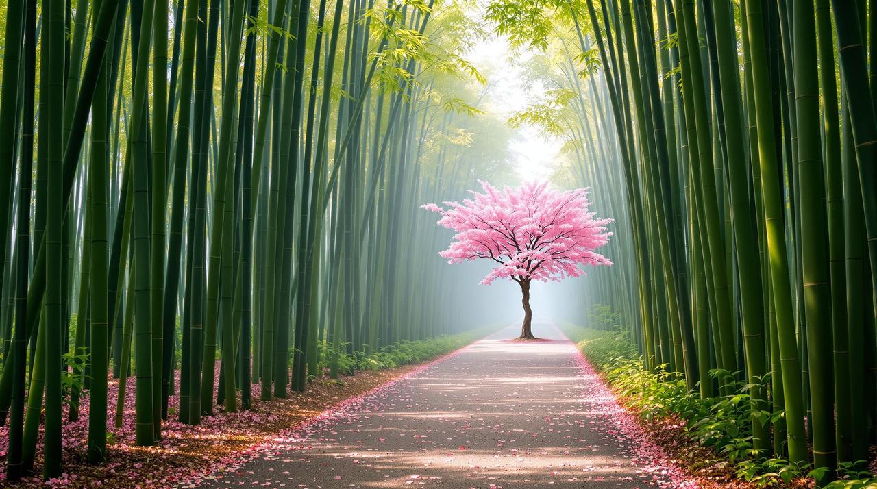 竹林与樱花的诗意邂逅